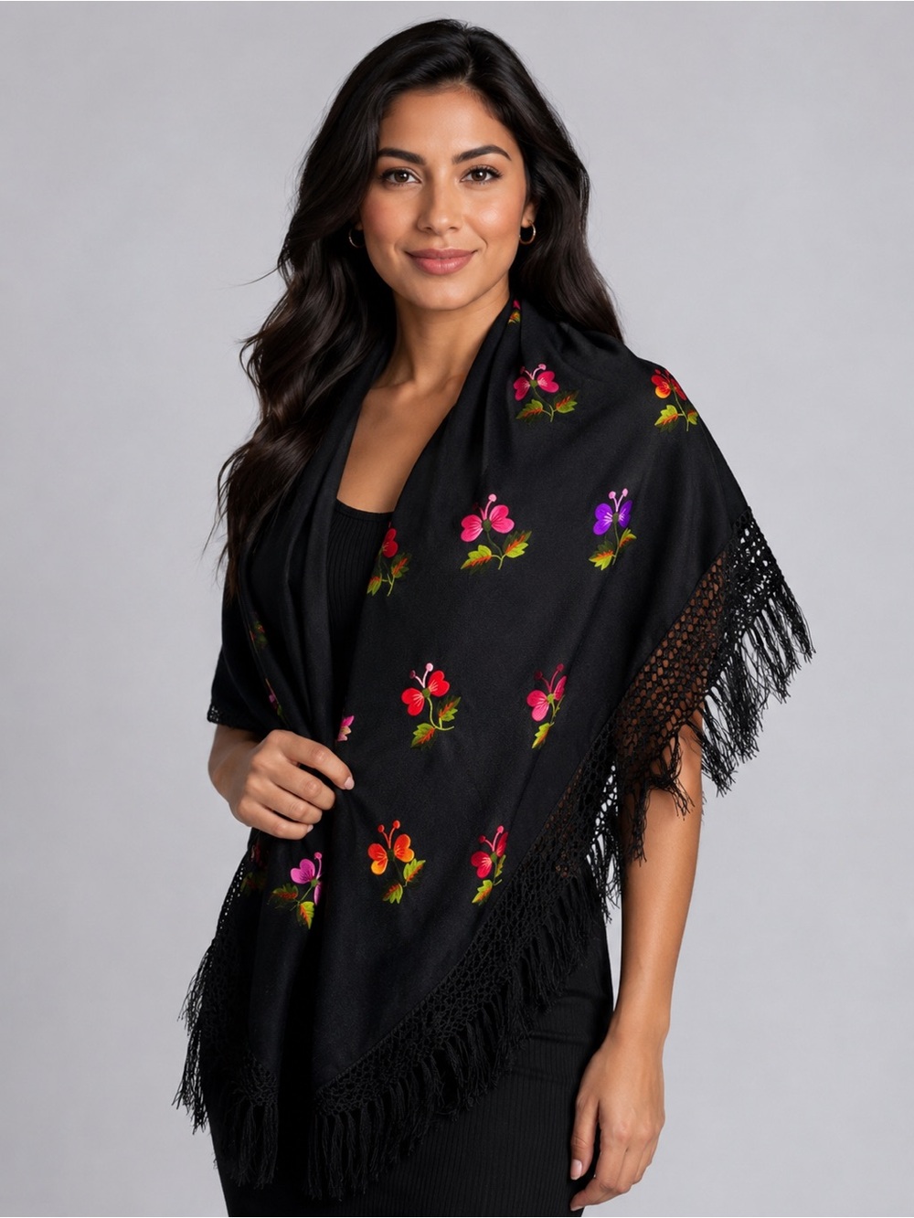 Vintage Black Embroidered Floral Triangle Shawl Scarf with Fringe | Boho Cottage